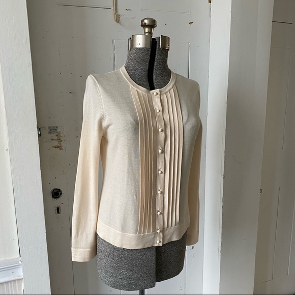 Talbots Cream Merino Wool Ruffle Cardigan Sweater - Picture 3 of 13